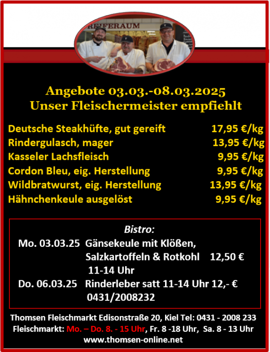 Angebotsposter einer Fleischerei mit Preisen und Öffnungszeiten in Gelb und Rot.