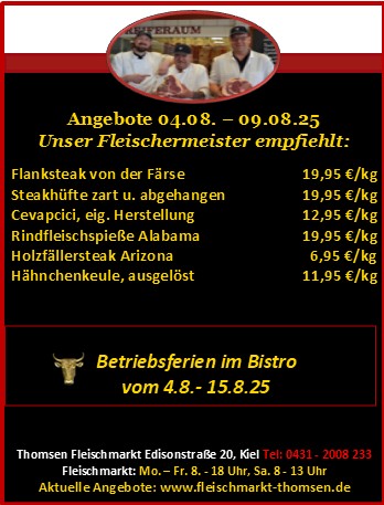 Drei Personen in Kochbekleidung lächeln hinter einem Tisch. Text mit Angeboten.