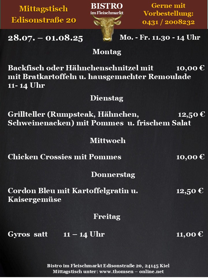 Speisekarte eines Bistros in Kiel mit Tagesangeboten und Preisen.