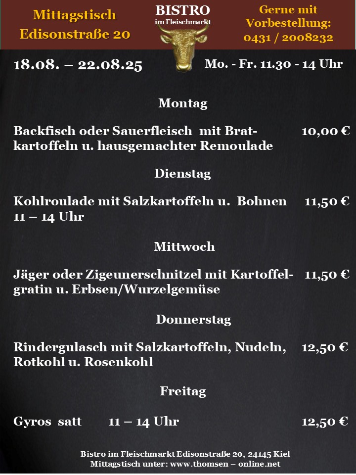 Speisekarte eines Bistros mit Mittagsangeboten und Preisen.