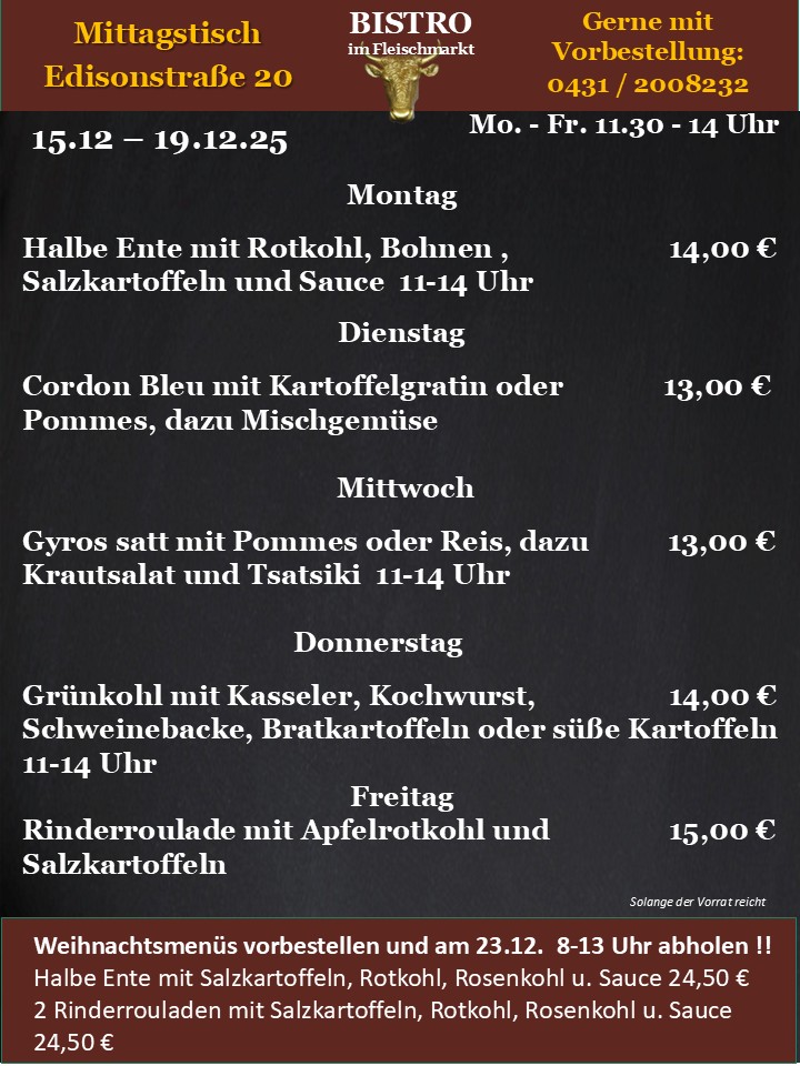 Speisekarte eines Bistros mit gelbem Text auf braunem Hintergrund und Feiertagshinweisen