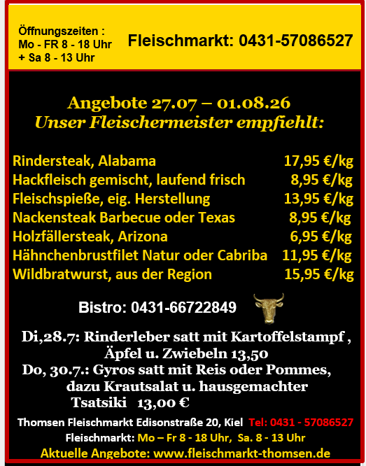 Schwarzer Werbezettel mit gelber Schrift und vielen Preisangaben, sachlich