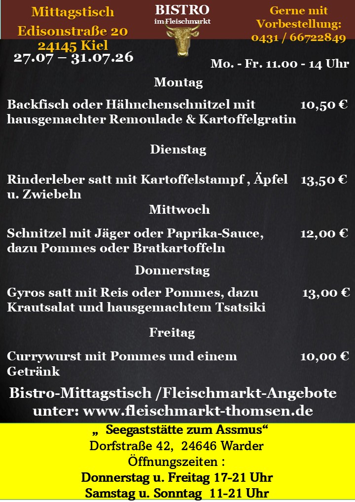 Schwarzer Bistro Speiseplan mit gelben Akzenten und Wochenangeboten in Euro