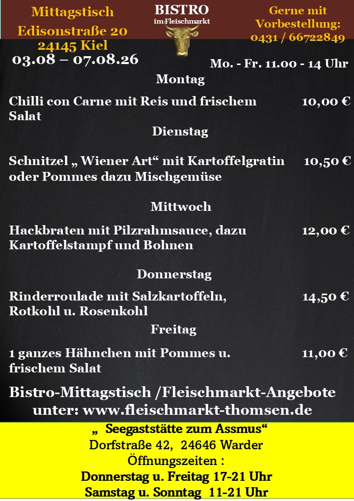 Plakat mit Speisekarte, schwarze und gelbe Flächen, viele Preise und Zeiten