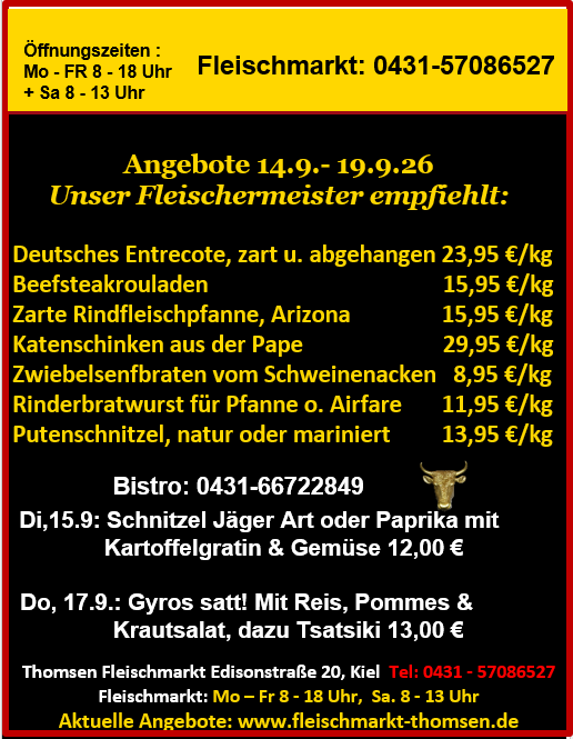 Werbetafel eines Fleischmarktes mit Angeboten und Preisen in Gelb und Rot