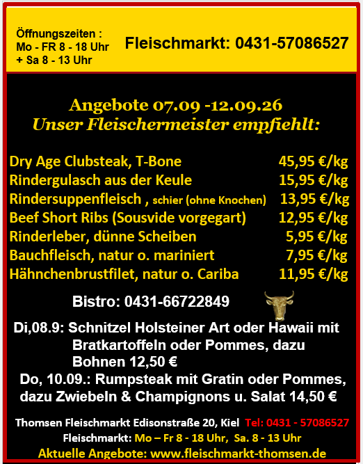 Werbetafel eines Fleischmarktes mit Angeboten in Rot Gelb und Weiss