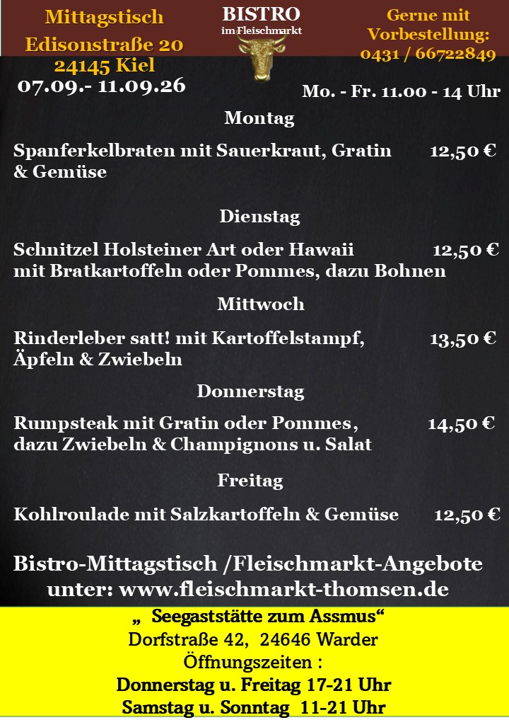 Mittagstisch-Speisekarte des Bistro im Fleischmarkt Kiel mit goldenem Stierkopf