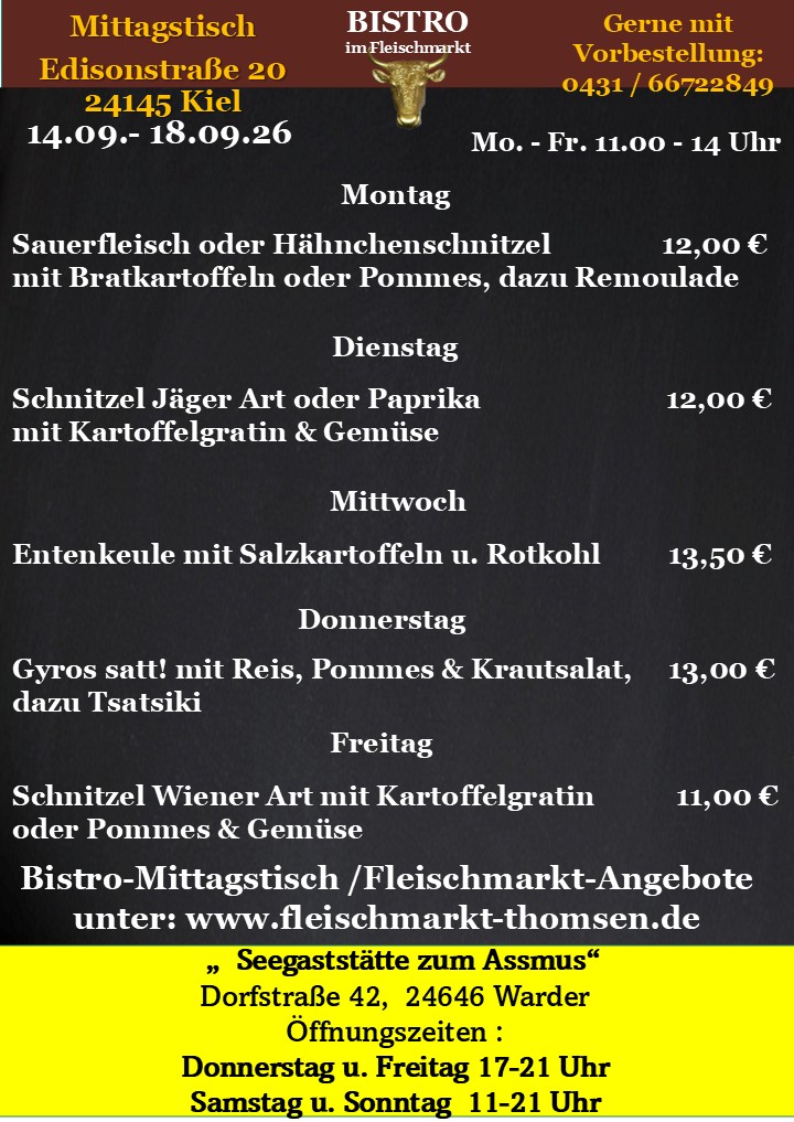 Wochenkarte des Bistro im Fleischmarkt in Kiel mit goldenem Stierkopf-Logo